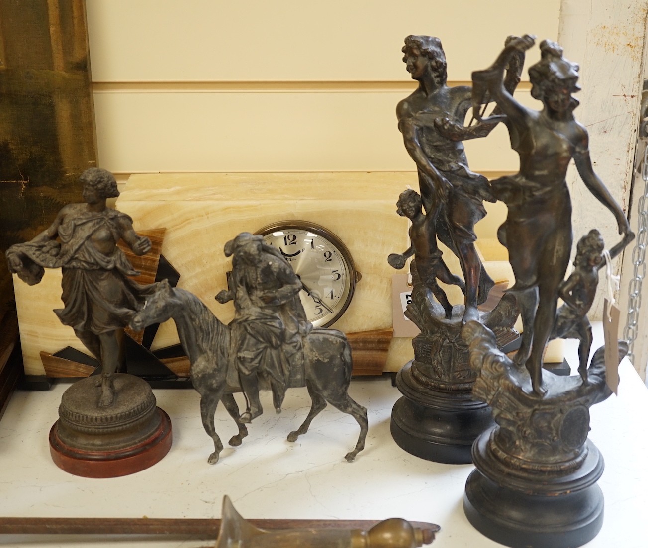 A pair of spelter figures and two others, tallest 40cm